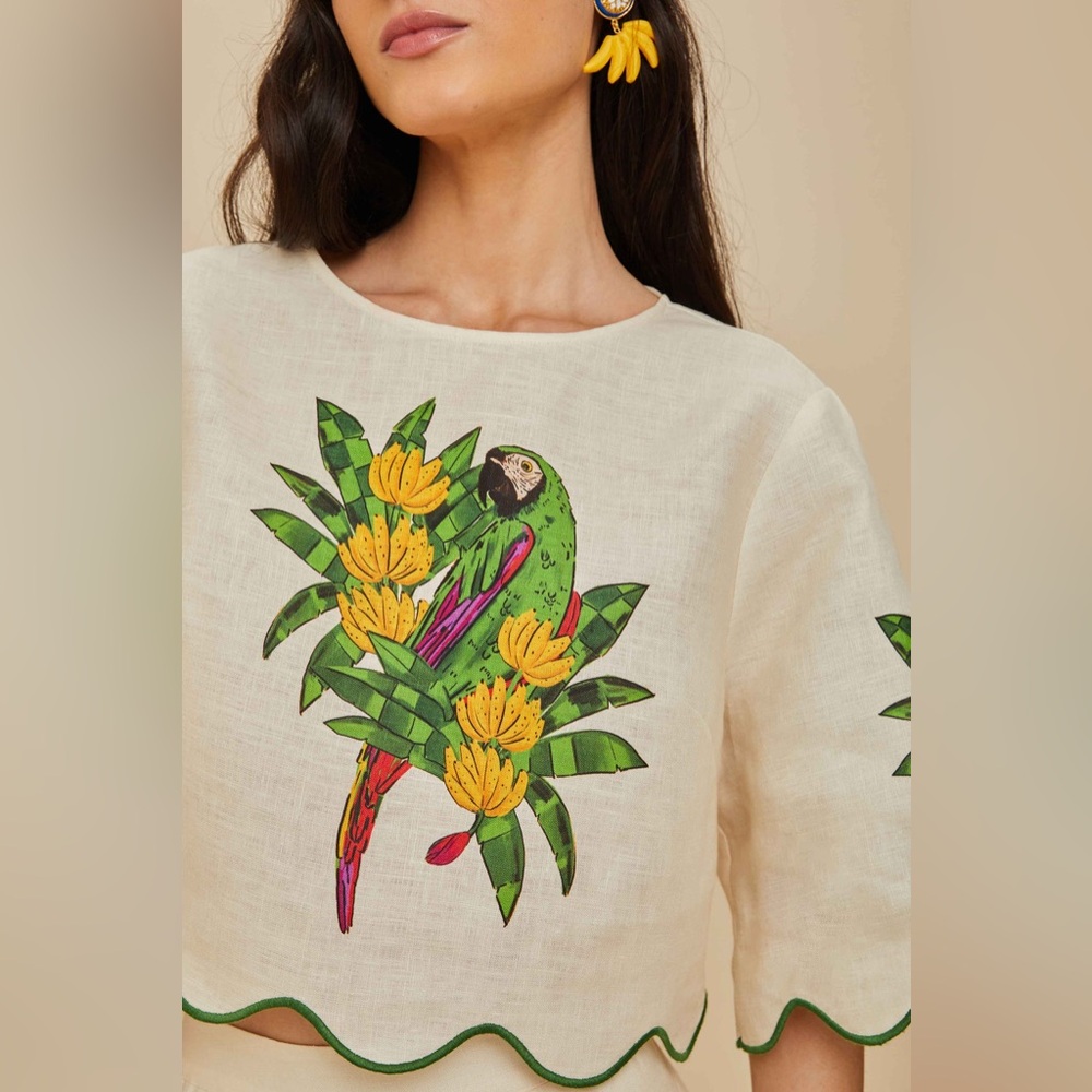 FARM Rio Cream Linen Crop Top with Green Parrot & Yellow Floral Print - Picture 5 of 11